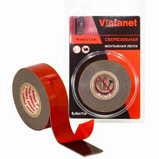 Клейкая лента монтажная сверхсил.двустор.1146 Vintanet,черная,19 мм х 1,5 м