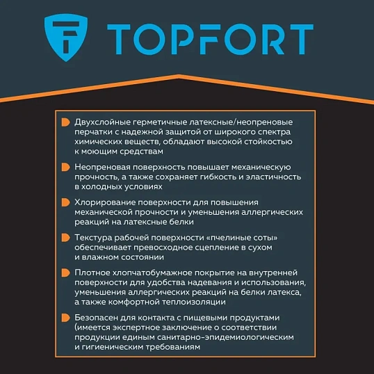 Перчатки КЩС латекс/неопрен TOPFORT Профхим Нео К80 Щ50 цв.желт/син р.10