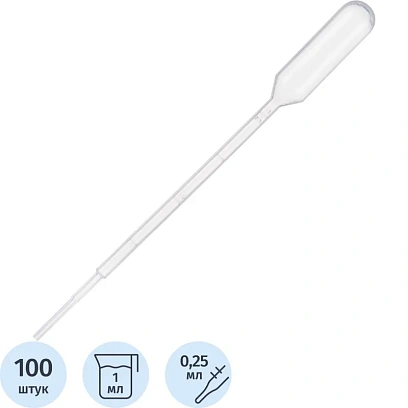 Пипетка Пастера 1мл, 160 мм, стер, град, 100 шт/уп, ИУ 12006653