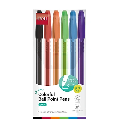 Набор шариковых ручек Deli EQ69-6,иг.нак 0,7,черн.пониж.вязк, 6 цвет