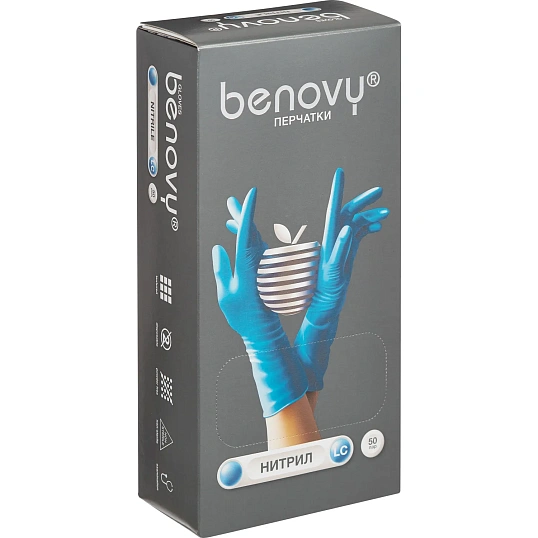 Перчатки нитрил, н/c, н/о, удлиненные, Benovy (S) 50п/уп, гол
