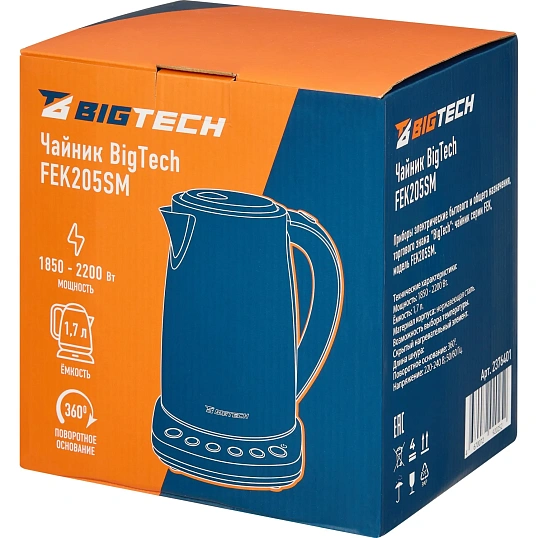 Чайник BigTech FEK205SМ, 1,7л, 2200, Strix, металл