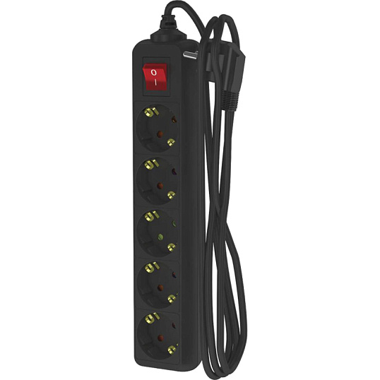 Удлинитель ФОТОН 16-55ЕS, 5м, 5 розеток, 16А, с выкл., с заземл., Черный