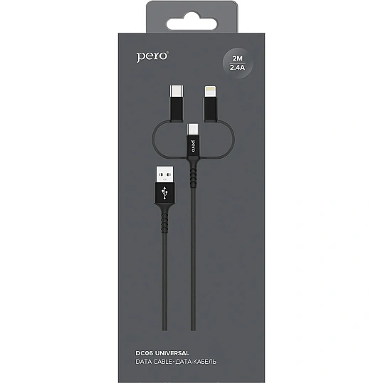 Кабель PERO, DC-06, 2.4А, 2м, Lightning/micro USB/Type-C, черный