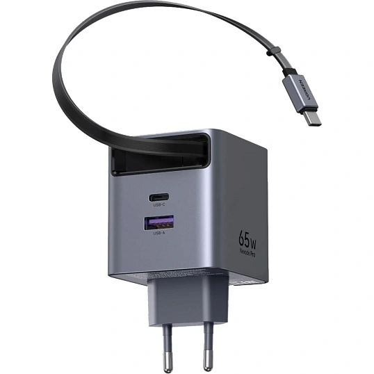 Зарядное устройство UGREEN X615(65825)выдв каб,65W GaN,USB-C&A,серый космос