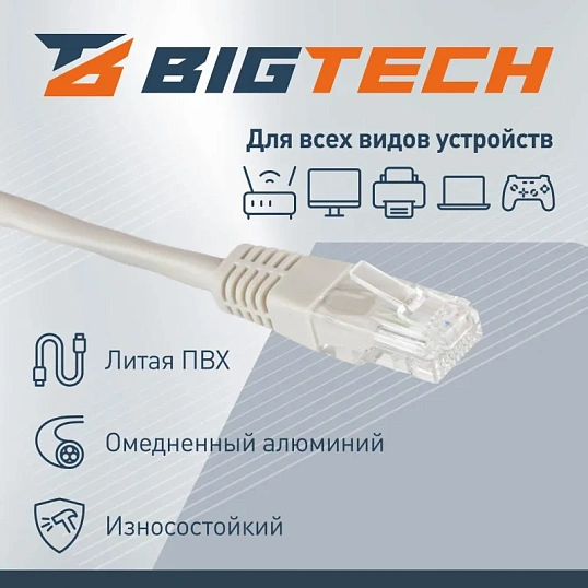 Патч-корд BigTech OPCC002 UTP CCA кат.5e/1м/литой/многожильный (серый)