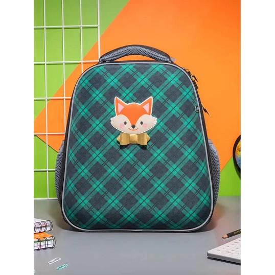 Ранец Комус Класс Basic Лисичка, клетка зеленый , 2 отд, эргоном спинка