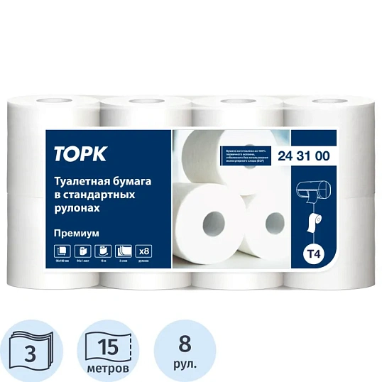 Бумага туалетная Tork/Tellus T4 3сл бел перф Премиум 15м94л 8рул/уп 243100