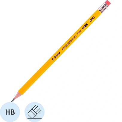 Карандаш чернографитный Deli Scribe HB 6-гр, с ластиком, желтый EC003-HB