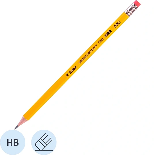 Карандаш чернографитный Deli Scribe HB 6-гр, с ластиком, желтый EC003-HB