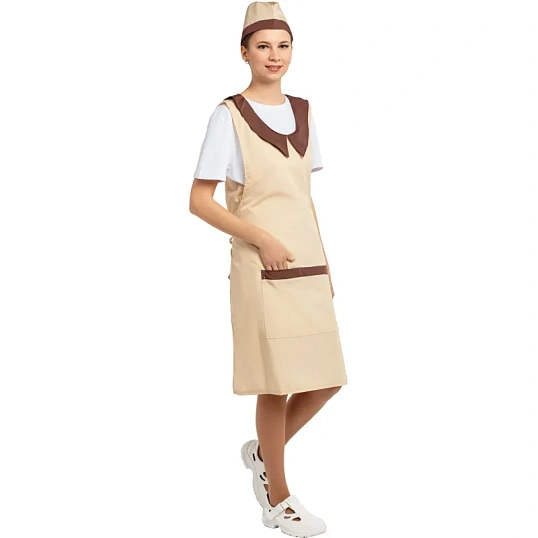 Фартук сарафан Маркет Профи с пилоткой всеразмерный цв. беж/шок