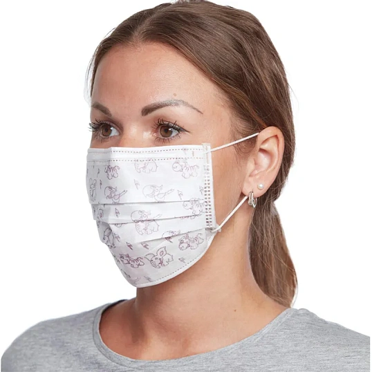 Маска медицинская 3-х сл., резинка,с рисунком 100шт/уп  Гекса