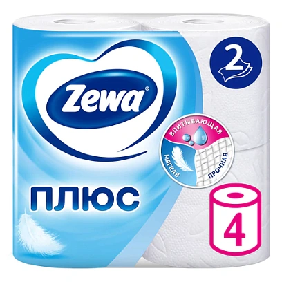 Бумага туалетная ZEWA Plus 144051, 2-х слойная, 23м, белая, 4рул/уп
