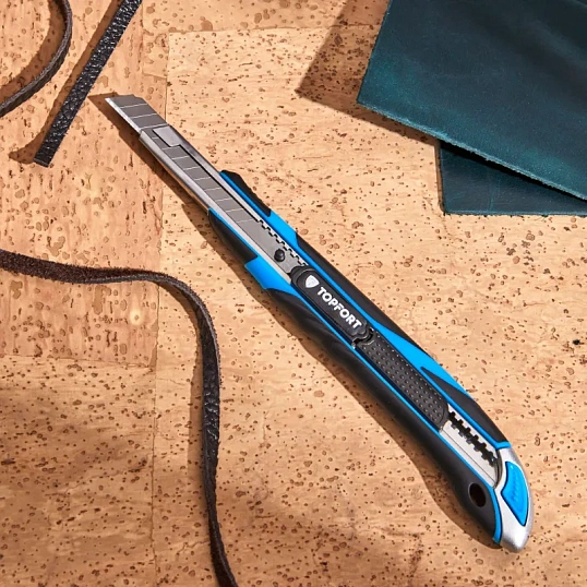 Нож универсальный TOPFORT 9мм с мет.напр.,дв.сист.выдв.+блок.лезв.,ABS+TPR