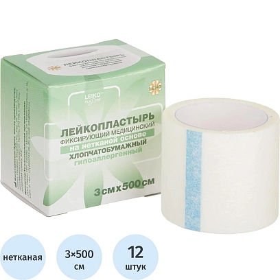 Лейкопластырь 3х500см нетканый в картон LEIKO, 12 шт/уп