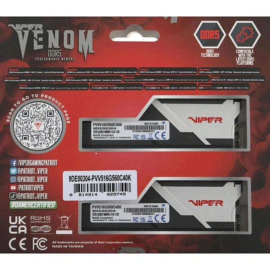 Модуль памяти Patriot Viper DDR5 DIMM 16Gb(2x8Gb) 5600Мгц(PVV516G560C40K) 