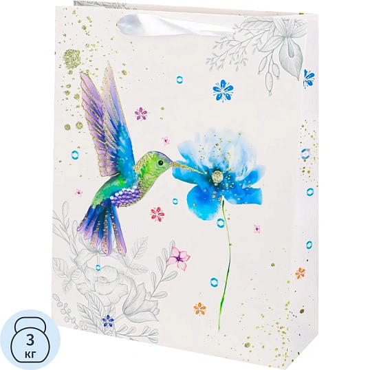 Пакет подар. с мат.лам.и глит.26x32x10см(L),Колибри с цветком,210г ППК-3695
