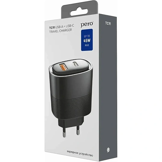 Зарядное устройство сет. PERO TC11 USB-A QC3.0 + USB-C PD, 45W черный