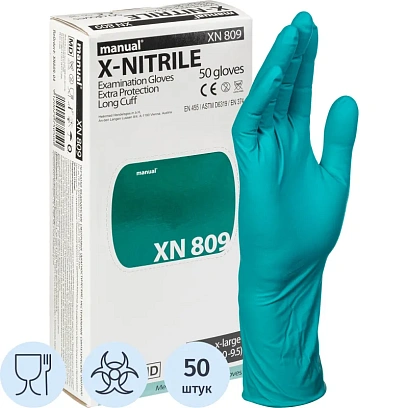 Перчатки мед.смотров. нитрил.,нестер., зеленый ,MANUAL XN 809 (XL) 25пар,ПС