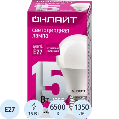 Лампа светодиодная ОНЛАЙТ OLL-A60-15-230-6.5K-E27   15Вт Е27 6500К 61151