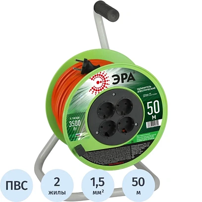 Удлинитель силовой ЭРА ПВС2х1,5мм2 50м на пласт.кат. б/з 4 розетки,Б0059784