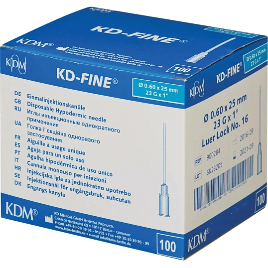 Игла инъекционная 23G (0,6х25мм) Luer lock KD-Fine 100шт/уп