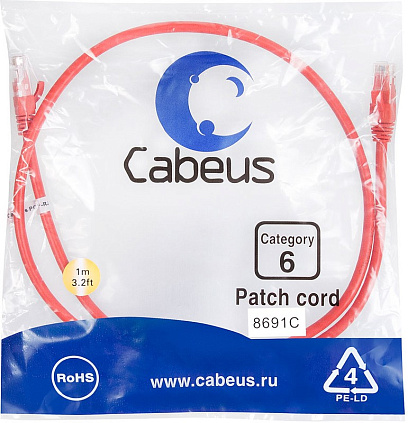 Патч-корд Cabeus PC-UTP-RJ45-Cat.6-1m-RD-LSZH U/UTP, кат6,2xRJ45/8p8c,красн