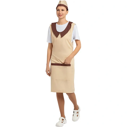 Фартук сарафан Маркет Профи с пилоткой всеразмерный цв. беж/шок