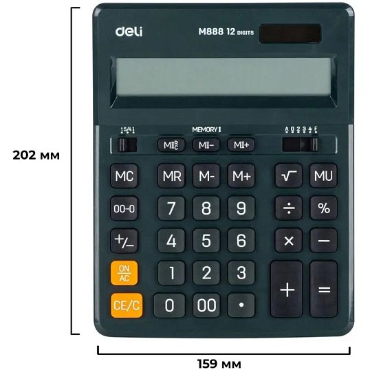 Калькулятор настольный ПОЛНОРАЗМ. Deli EM888F, 12-р,дв.пит.,202x159мм,т-зел