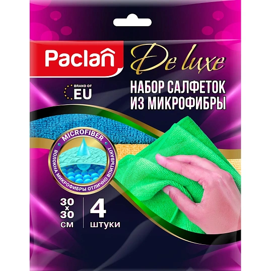 Салфетки хозяйственные микрофибра PACLAN DeLUXE универс цветн 30х30см 4 шт