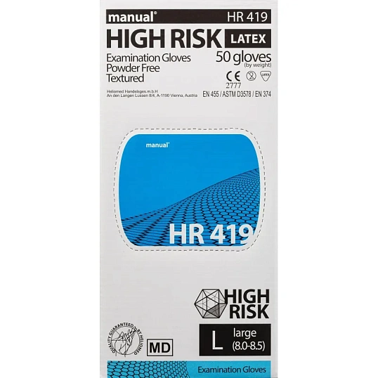 Перчатки мед.смотров. латекс,н/с,н/о, MANUAL HR419 High Risk  L 25пар,ПС