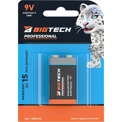 Батарейка BigTech Professional 6LR61/Крона 9V/1604A алкалин. бл/1шт