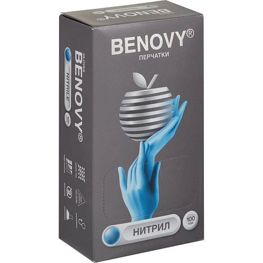 Перчатки нитрил., нестер., н/о, голубой Benovy (XL) 100пар/уп