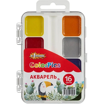 Краски акварельные Комус Класс ColorPics набор 16 цв б/кисти пластик