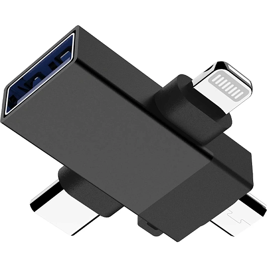 Адаптер PERO AD14 OTG LIGHTNING+USB-C+MICRO-USB TO USB 3.0, черный