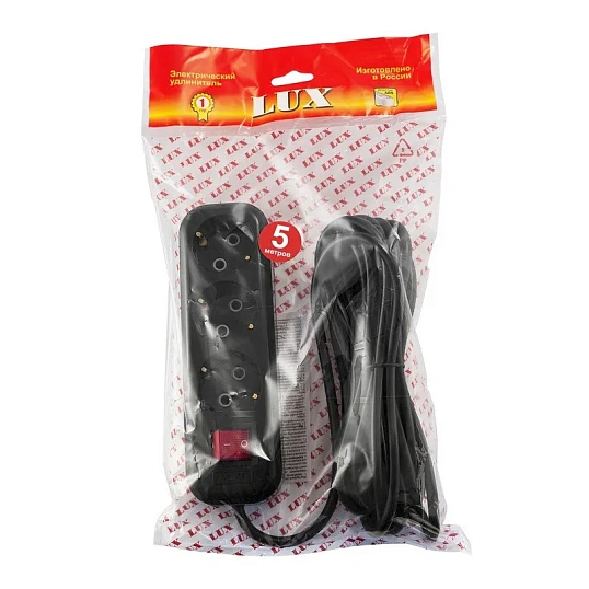 Удлинитель LUX У3-ЕВК-05 с выкл. 3-мест с з/к, 250В 16А, 5м, черный