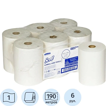 Полотенца бумажные д/дисп в рул KK Scott Slimroll 1с бел190м 6 рул/уп 6697