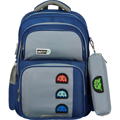 Рюкзак школьный Комус Класс case синий/серый, пенал, 2 отд