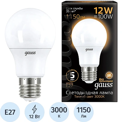 Лампа светодиодная Gauss 12W E27 A60 3000K 1150lm 102502112