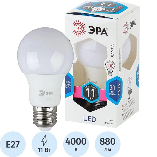 Лампа светодиодная Эра LED A60-11W-840-E27  4000k нейтр.бел. ст.колба