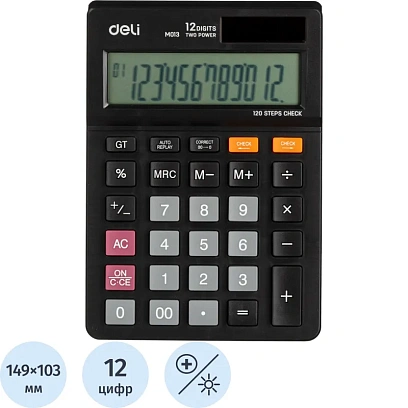 Калькулятор настольный ПОЛНОРАЗМ. Deli EM01320,12-р, дв.пит, 149х103мм,черн