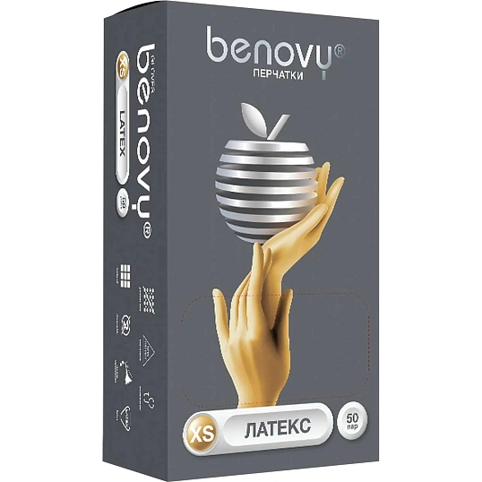 Перчатки мед.смотров. латекс н/c,н/о, текст,2хлор Benovy (XS) 50п/уп