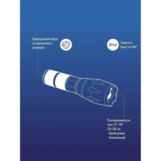 Фонарь КОСМОС Premium 5Вт Q5 LED питание 1х3.7V 18650 Li-on KosAL_5W