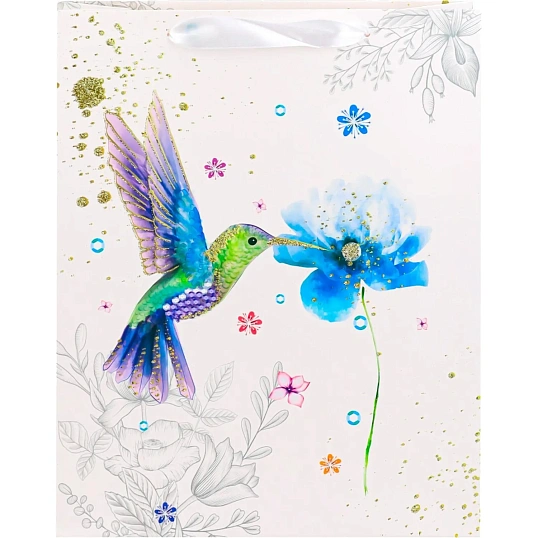 Пакет подар. с мат.лам.и глит.18x23x10см(M),Колибри с цветком,210г ППК-3686