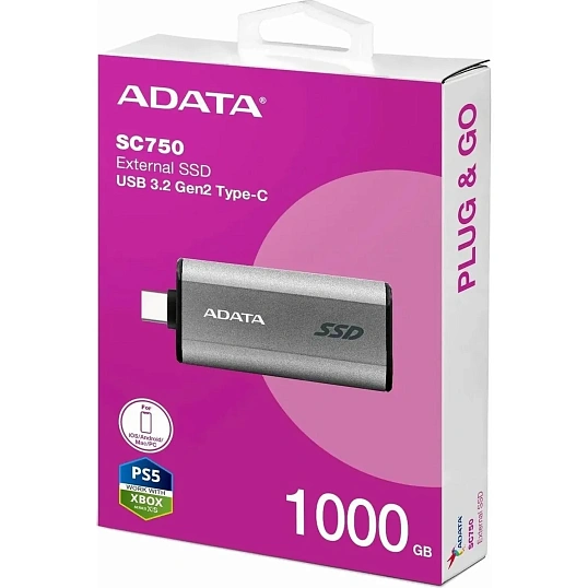 Портативный SSD ADATA 1TB SC750 USB 3.2 G2 Type-C[R/W -1050/1000 MB/s]сер