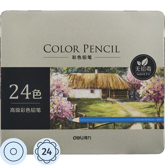 Карандаши цветные Deli липа 24 цв/наб мет.кор. 6565