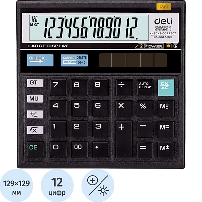 Калькулятор настольный КОМП. Deli E39231, 12-р, дв.пит., 129x129мм,черный