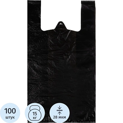 Пакет-майка ПНД, 30+18х56 см, черный, 28 мкм, Комус, 100шт/уп