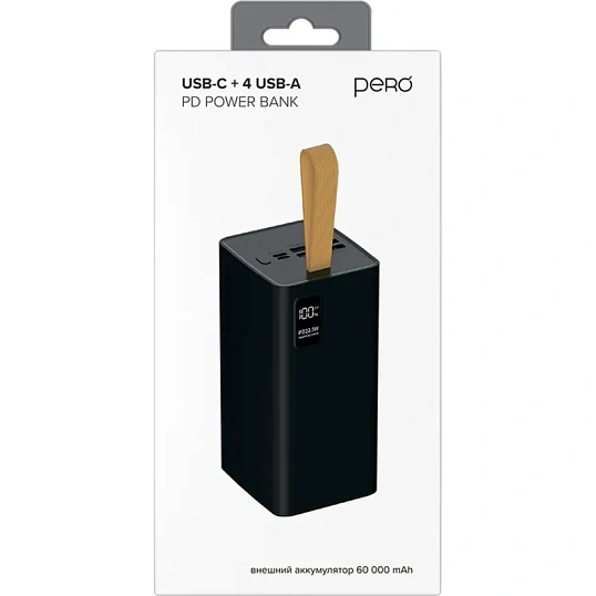 Внешний аккумулятор PERO PB10 60000 mAh,Li-Pol,output USB-C + 4USB-A,черный