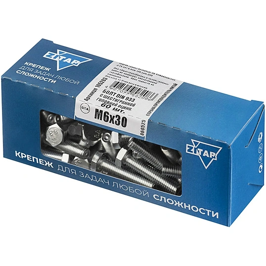 Болт DIN933 с шестигр. головкой оцин.М6х30 (60 шт/уп) Zitar (105203)